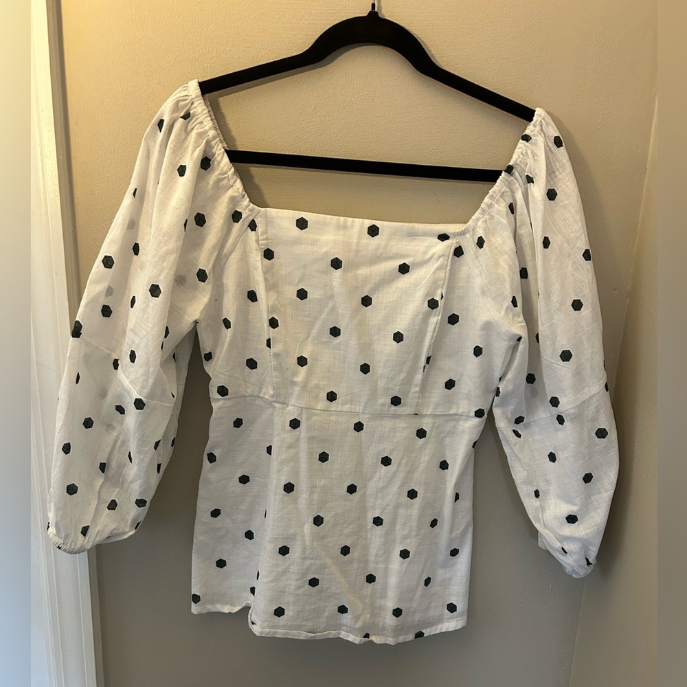 WAYWARD FANCIES WHITE SQUARE NECK TOP WITH BALOON SLEEVE AND BLACK SQUARE DOTS 8
